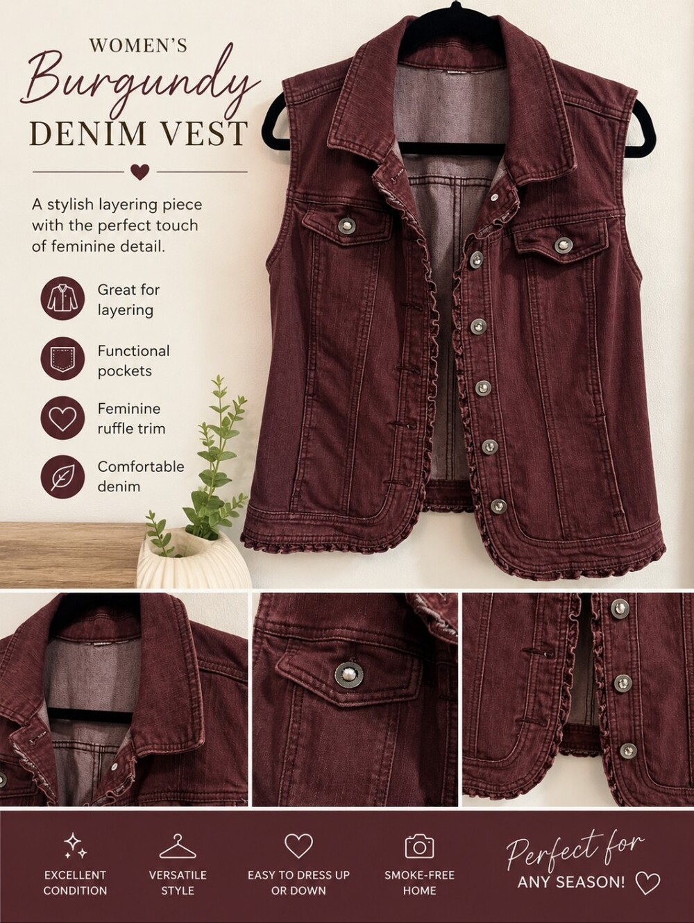 Ruffled-Placket Button Front Top in Deep Wine